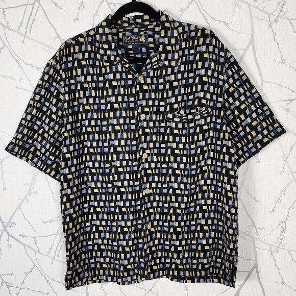 Nat Nast Black Abstract Geometric Print 100% Silk Camp Shirt - Picture 1 of 4